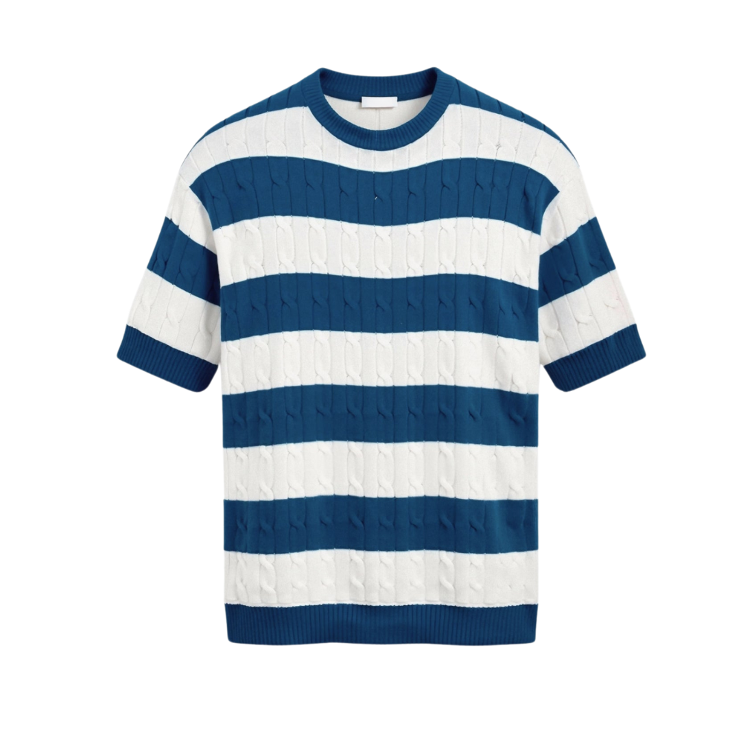 TheighT Crew Neck Cable Knit Striped T-Shirt