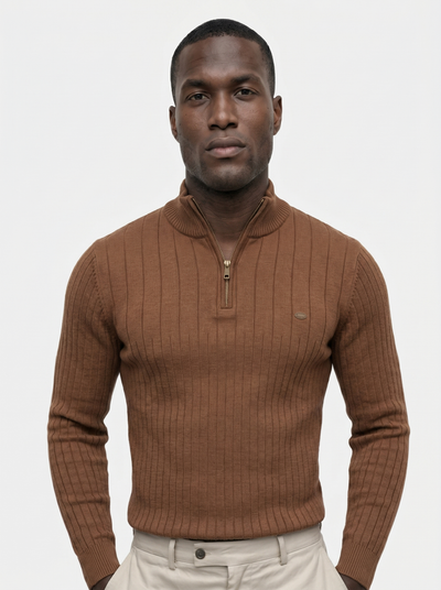Cotton Knit Vertical Stripes Quarter-Zip Sweater - Verocci Essentials